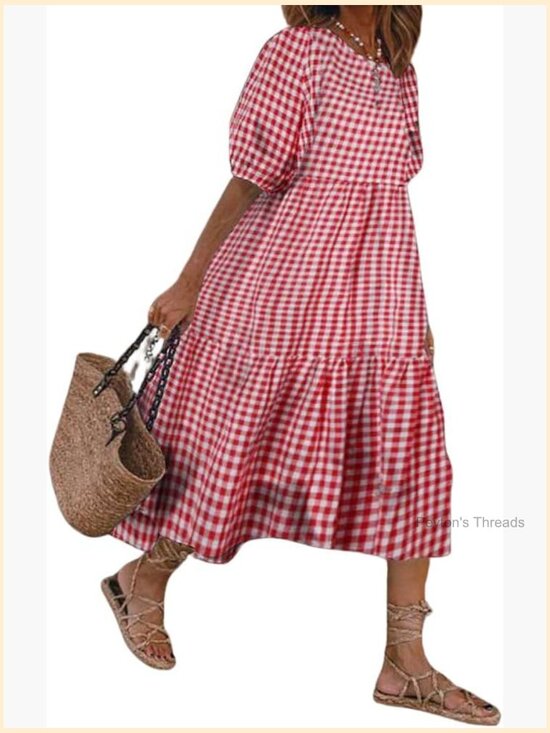 Dresses & Skirts - Retro Lantern Puff Sleeve Plaid Dress Gingham Swing Tiered Midi Long